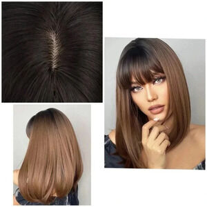 14” Short Ombre Black to Brown Natural color Synthetic Wig for Daily